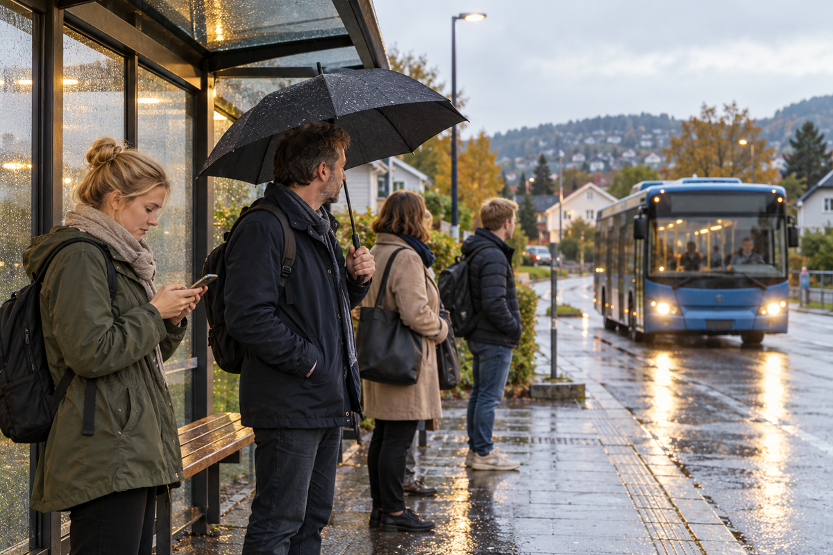 Osoby czekające na autobus w deszczowy poranek — ćwiczenie opisu obrazka po norwesku
